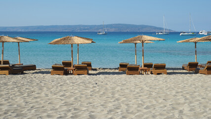 Beautiful sandy beach of Simos with crystal clear turquoise sea and natural sand dunes, Elafonisos island, Peloponnese, Greece