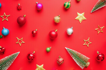 Christmas new year holiday background pine tree ball bauble on red background