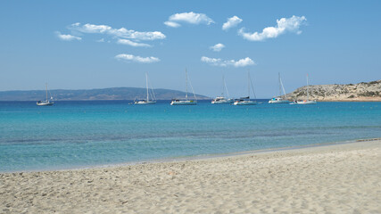 Beautiful sandy beach of Simos with crystal clear turquoise sea and natural sand dunes, Elafonisos island, Peloponnese, Greece