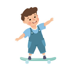 Little Boy on Skateboard in Skate Park Having Fun and Enjoying Recreational Activity Vector Illustration