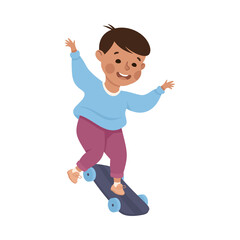 Little Boy on Skateboard in Skate Park Having Fun and Enjoying Recreational Activity Vector Illustration