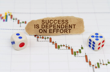 On the trading charts, there are dice and pieces of paper with the inscription - SUCCESS IS DEPENDENT ON EFFORT