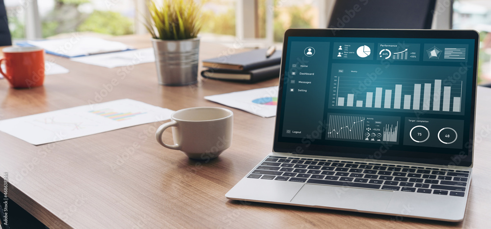 Poster business data dashboard analysis by ingenious computer software . investment application display bus