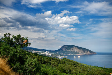 Beautiful sea view of Gurzuf in Crimea. Mountain Ay Dag.