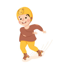 Little Boy on Roller Skates in Helmet in Skate Park Having Fun and Enjoying Recreational Activity Vector Illustration