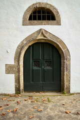 Fototapeta na wymiar Wooden door. Door of an old building with a stone arch