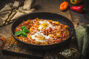 Shakshuka in an iron pan on wooden background. Middle eastern traditional dish. Fried eggs with tomatoes, bell pepper, vegetables and herbs.