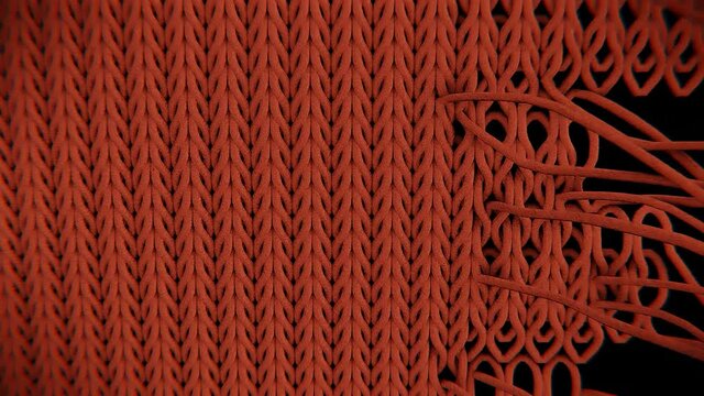 Close Up Of Textile Material Knitting. Realistic Process Of Fabric Making.