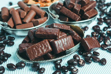 Assortment of delicious chocolate candies background. Chocolate candy isolated 