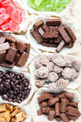 Assortment of delicious chocolate candies background. Chocolate candy isolated 