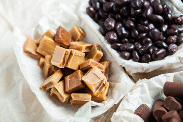 Assortment of delicious chocolate candies background. Chocolate candy isolated 