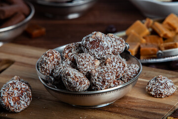 Assortment of delicious chocolate candies background. Chocolate candy isolated