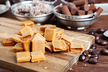 Assortment of delicious chocolate candies background. Chocolate candy isolated