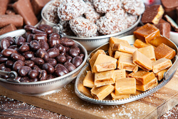 Assortment of delicious chocolate candies background. Chocolate candy isolated