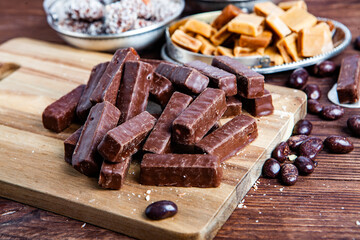 Assortment of delicious chocolate candies background. Chocolate candy isolated