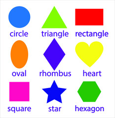 Vector flat design, set of geometric shapes square, circle, oval, triangle, hexagon, rectangle, star,heart,rhombus