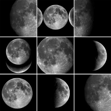 collection of pictures in one style, the moon on a black background, night, templates for instagram, illustrations, growing moon, waning moon, full moon, moon print