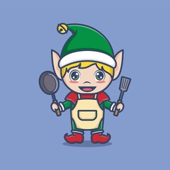 cute cartoon christmas elf being a chef. vector illustration for mascot logo or sticker