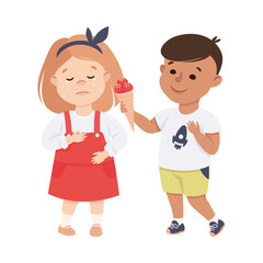 Little Boy Supporting and Comforting Crying Girl Sharing Ice Cream Vector Illustration