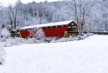 Fotobehang Morning Snow at Schlicher's Covered Bridge in Schnecksville, Pennsylvania © Stephen