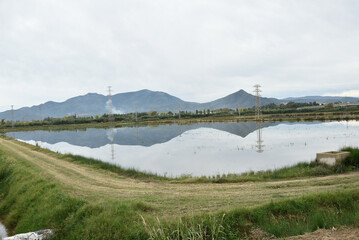 tendido eléctricos y sus cables con el reflejo en el agua después de llover 