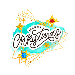Merry Christmas text decorated with hand drawn lettering with gold stars. Greeting card design element. Vector typography.