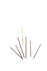 Self-tapping screws on a white background. The gold self-tapping screw stands out among all. Fastening objects with self-tapping screws