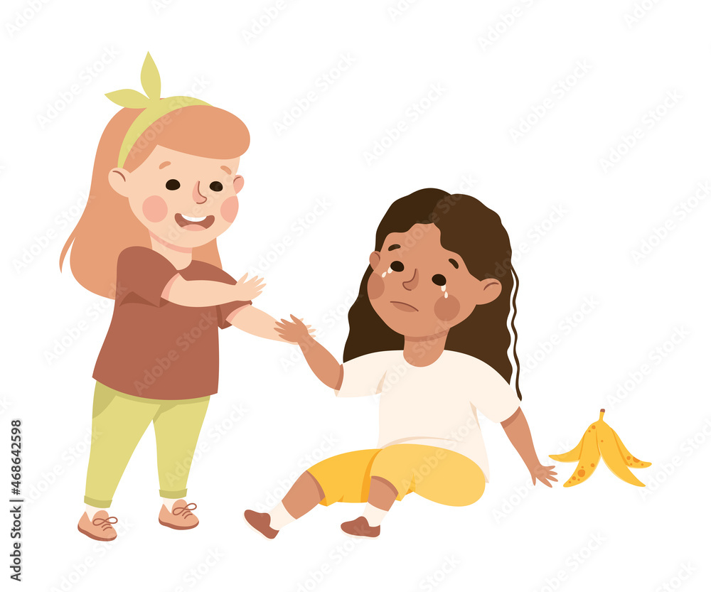 Sticker Little Girl Supporting and Comforting Sad Friend Hitting Banana Peel Feeling Empathy and Compassion Vector Illustration