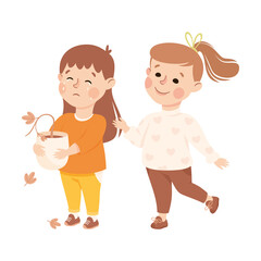 Little Girl Supporting and Comforting Sad Friend Holding Faded Flower in Flowerpot Feeling Empathy and Compassion Vector Illustration