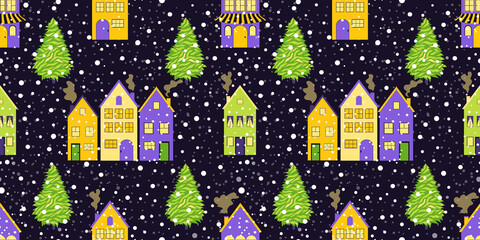 Winter cityscape concept with multicolored multistorey buildings on dark purple background. Seamless Christmas pattern for trendy textile products and paper stationery. 