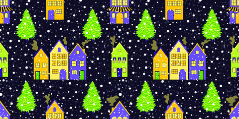 Winter cityscape concept with multicolored multistorey buildings on dark purple background. Seamless Christmas pattern for trendy textile products and paper stationery. Vector.