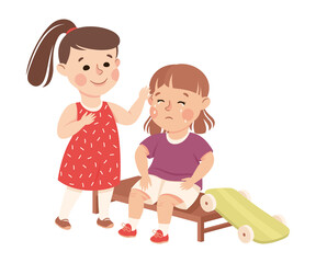 Little Girl Supporting and Comforting Sad Friend Feeling Empathy and Compassion Vector Illustration
