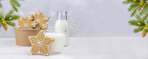 Delicious fresh milk on an old wooden background. Banner. Christmas. Copy space