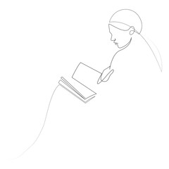 Continuous line drawing of woman reading book. Abstract one line girl relaxing with a book. Passion for reading concept. Vector illustration