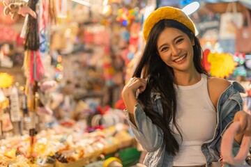 Asian woman shopping in a random night market in Bangkok, Thailand
