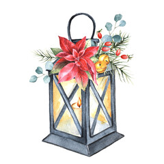 Watercolor hand drawn lantern with christmas decorations.