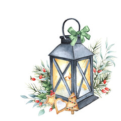 Watercolor hand drawn lantern with christmas gingerbread and spruce branches.
