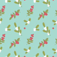 Seamless botanical pattern with mistletoe leaves and berries for wrapping paper, banners, print, collage and holiday backdrops decoration. Vector illustration.