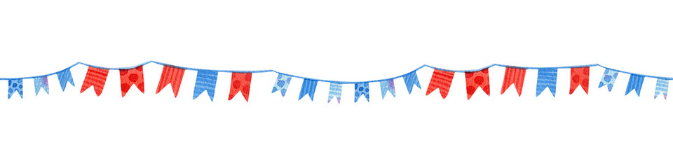 Seamless horizontal Border with garlands and flags. Watercolor background for kids winter souvenirs, banners design