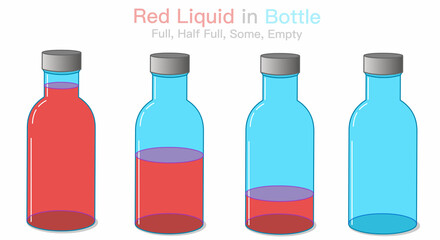 Full, half full, empty, some, nearly red liquid in glass bottle. Very few stages, steps set. Glossy, transparent bottles with caps. milk wine, chemistry, syrup flasks collection. Illustration vector