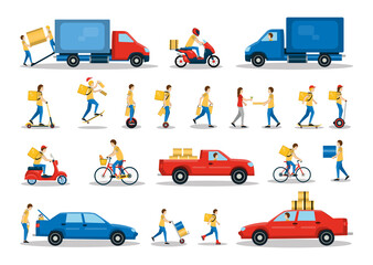Couriers deliver goods and parcels in different ways. Set of illustrations with delivery men and transport. © Marina