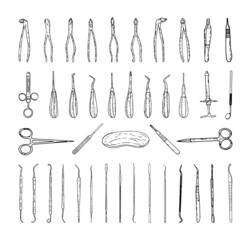 Collection of monochrome illustrations of dental instruments in sketch style. Hand drawings in art ink style. Black and white graphics.