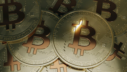 3d rendered Bitcoins layed flat