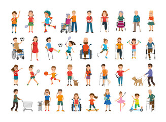 Set of people with disabilities. Characters in wheelchairs, on crutches, with prosthetic arms and legs.