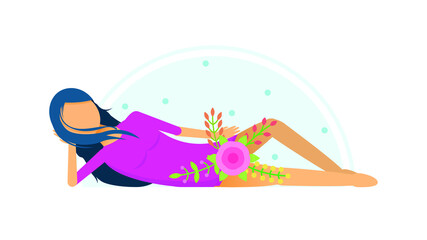 Abstract Flat Woman Girl Lies With A Flower And Branches Gynecologist's Appointment Medic Cartoon People Character With Heart Concept Illustration Vector Design Style Healthcare Diagnosis Clinic