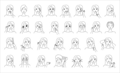 Obraz premium Collection of isolated linear illustrations with girls caring for face and hair. Removing blackheads, applying a mask, washing hair, make-up.