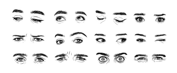 Set of human eyes in art inc style. Sketches of the eyes of a woman and a man with different emotions. Black and white pencil drawing.