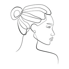Close up woman face side view line art on white isolated background. Vector illustration