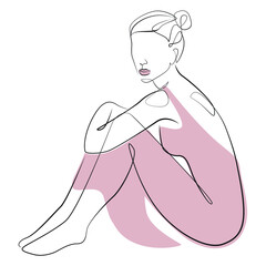 Woman in dress sits on the floor line art on white isolated background, with her hands clasping her knees. Vector illustration