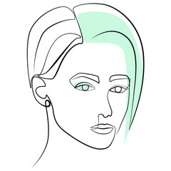 Close-up of a woman's head with colored hair line art on white isolated background. Vector illustration